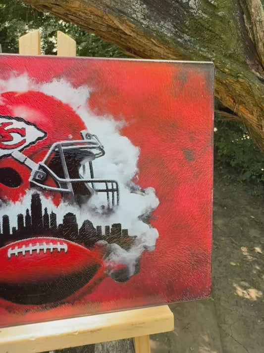 Glass Cutting Board (Chiefs helmet, city skyline, football, red)