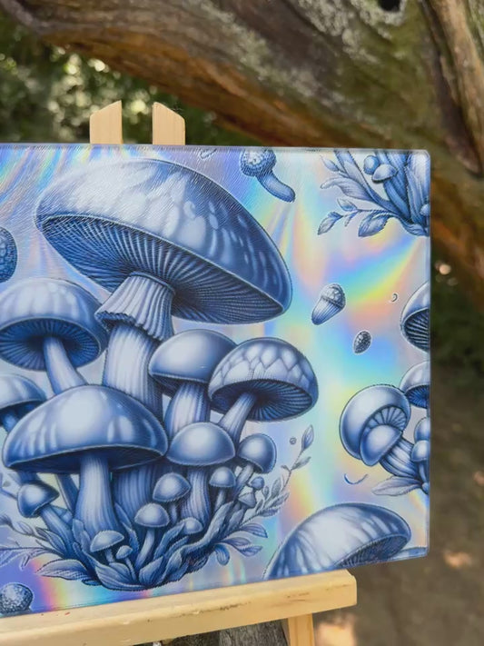 Glass Cutting Board (blue mushroom) (mystical)