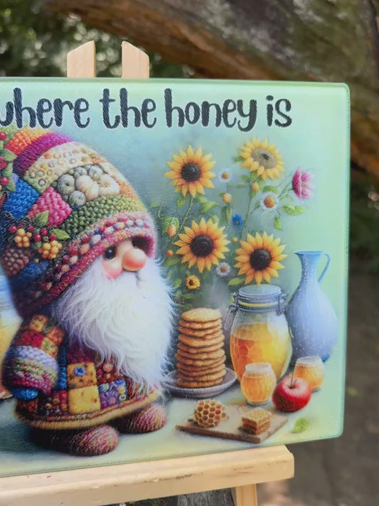 Glass Cutting Board (gnome) (home is where the honey is)