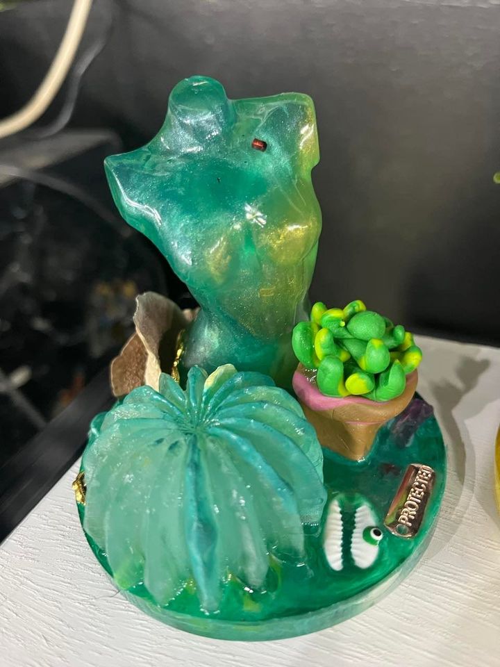 Resin Green Plant Mom Succulents Fungi Shell Protected Goddess on Platform