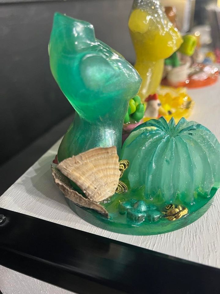 Resin Green Plant Mom Succulents Fungi Shell Protected Goddess on Platform