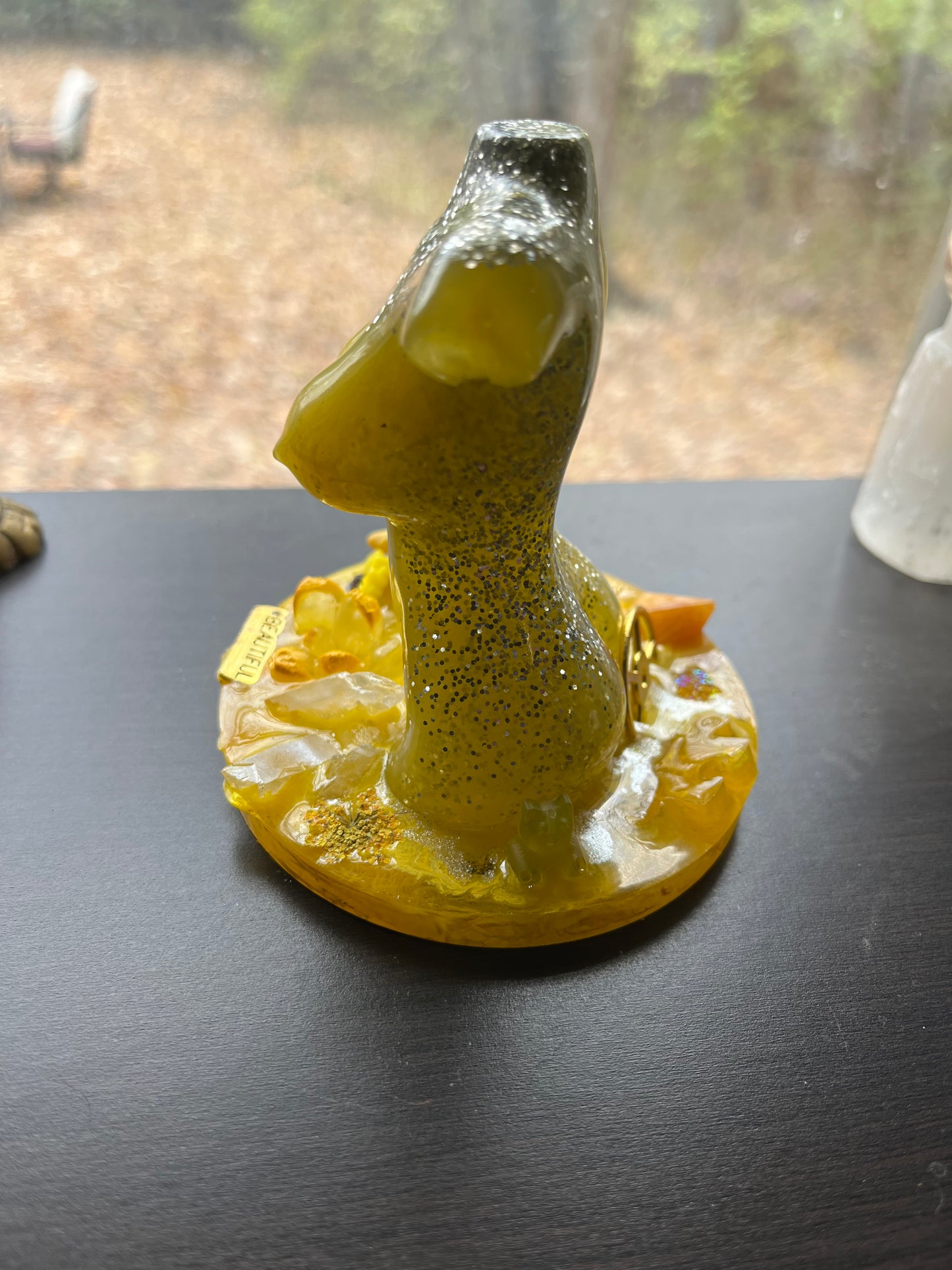 Resin Yellow Clay Chicken Plants Crystals Flower Goddess on Platform