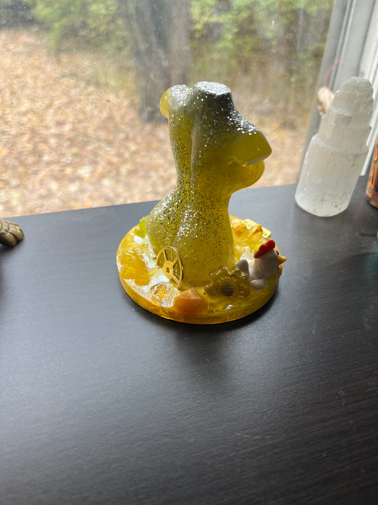 Resin Yellow Clay Chicken Plants Crystals Flower Goddess on Platform