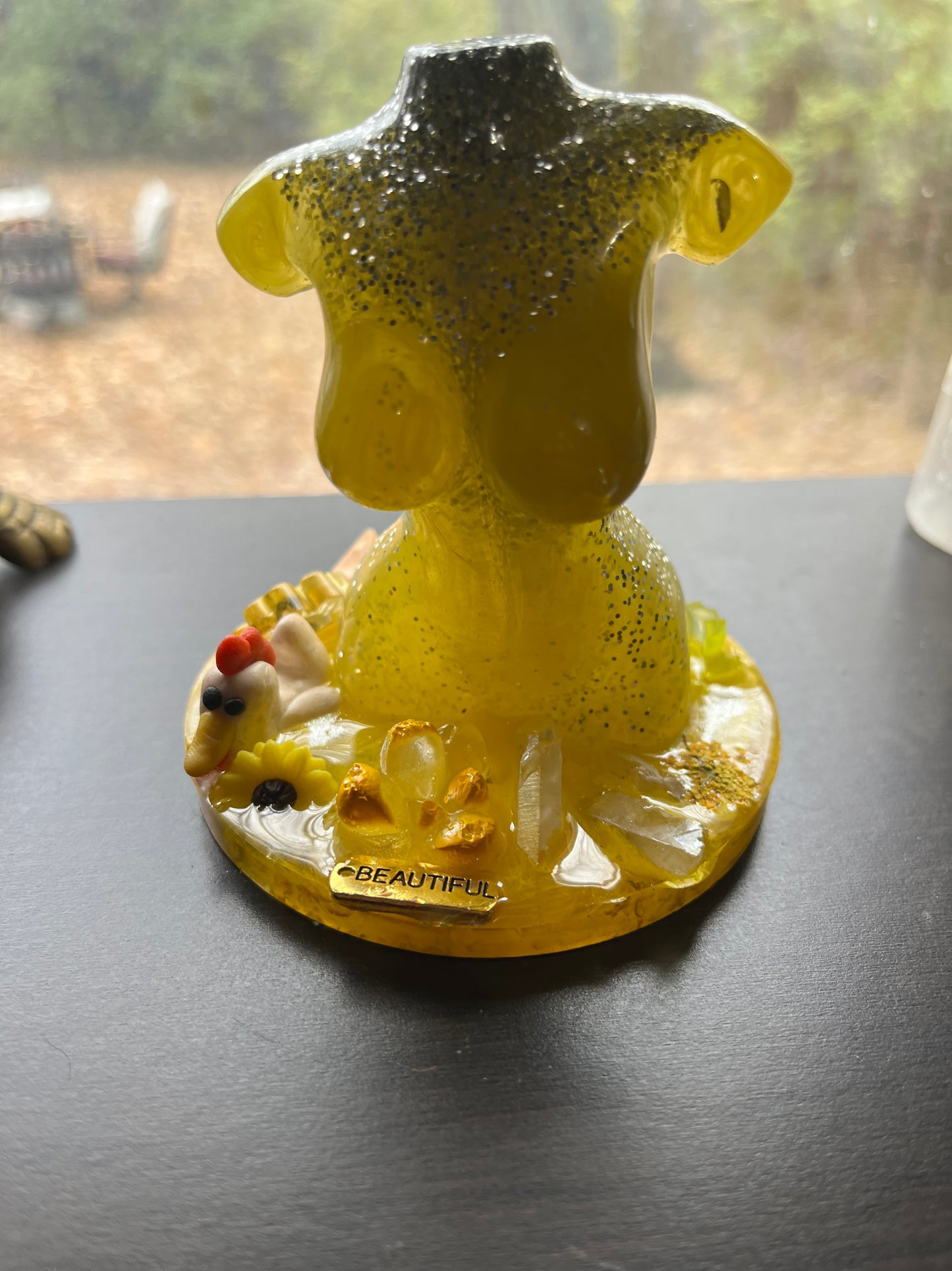 Resin Yellow Clay Chicken Plants Crystals Flower Goddess on Platform